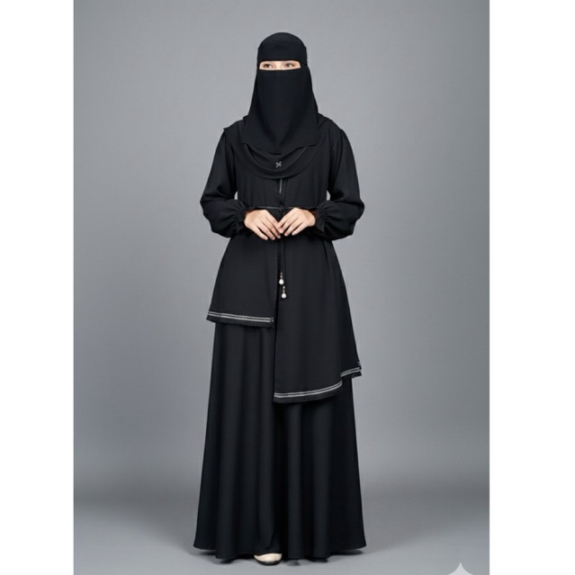 Abaya Syakila layer black ala outer free ikat pinggang
