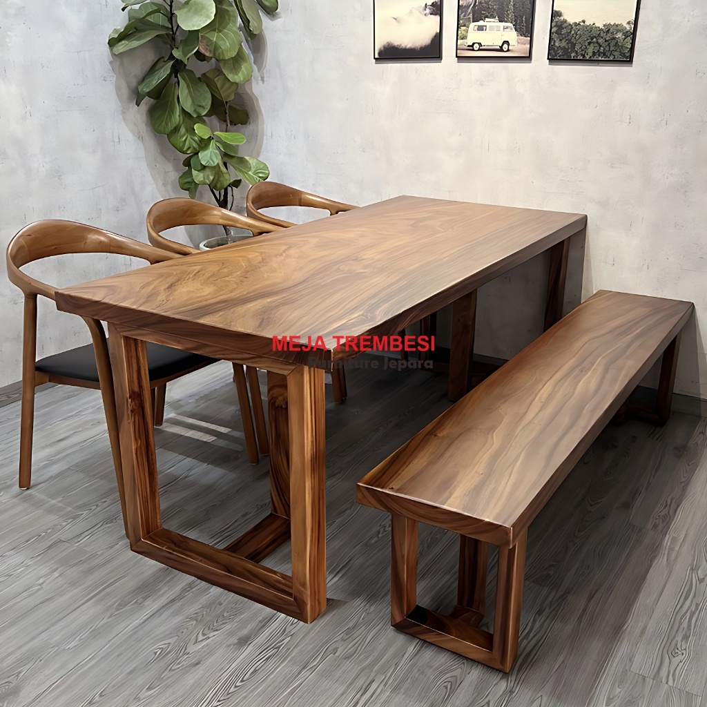 Set Meja Makan 3 Kursi Retro Jati Bangku Kayu Trembesi Utuh
