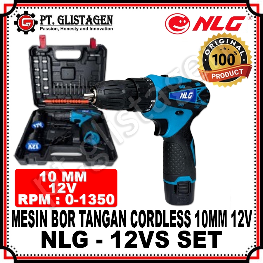NLG 12VS Mesin Bor Tangan Cordless SET 10MM Mesin Bor Besi Kayu Bolak Balik 12V 2 Baterai Cordless D