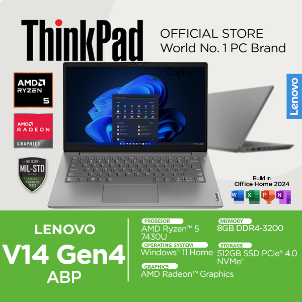 Lenovo V14 Gen 4 AMD Ryzen 5 7430U 8GB 512SSD Windows 11 Office 14 Inch IPS FHD Radeon 7430 ABP 5BID