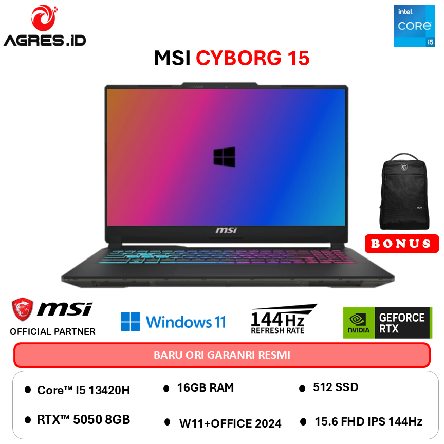 MSI Cyborg 15 Laptop Gaming 15.6" Hitam, Intel i7-13620H, RTX 4050