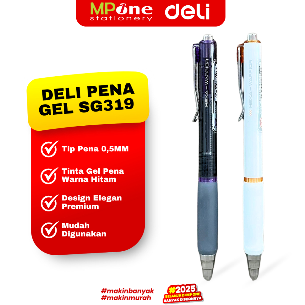 Deli Pena Retractable Gel Tinta Hitam 0,5mm SG319 / Pulpen Gel Cetekan Hexa-Warrior Gel INK DELI