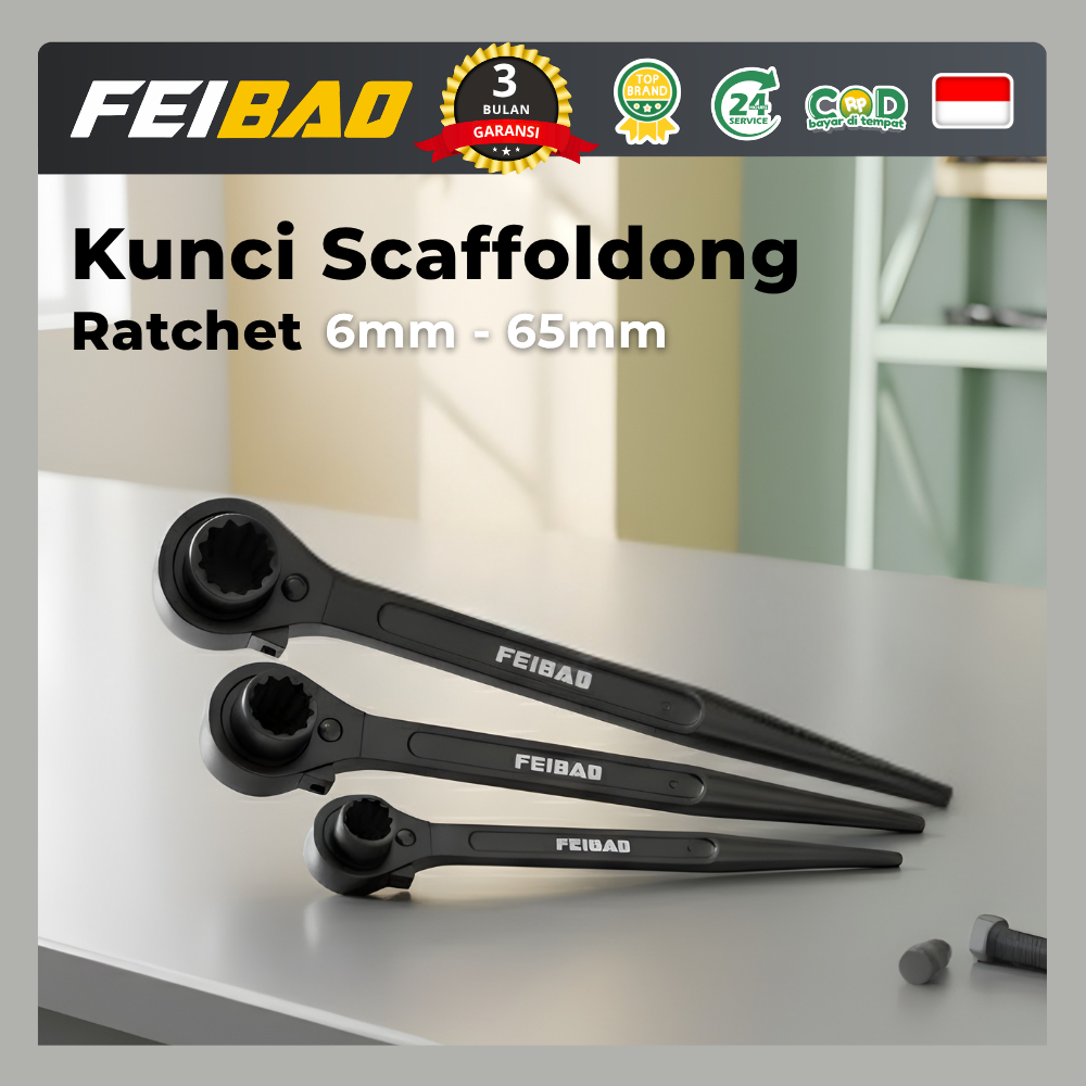 FEIBAO Kunci Ring Rachet Scaffolding Torsi 12mm–32mm Ukuran Lengkap Kuat Awet Presisi dan Handal