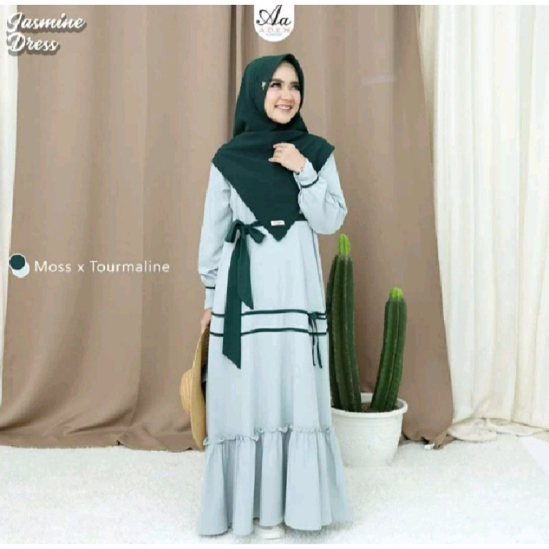 Terbaru Gamis Dress AA Aden Jasmine Kerudung Moss Tormaline M Steel Plate Signature ADEN