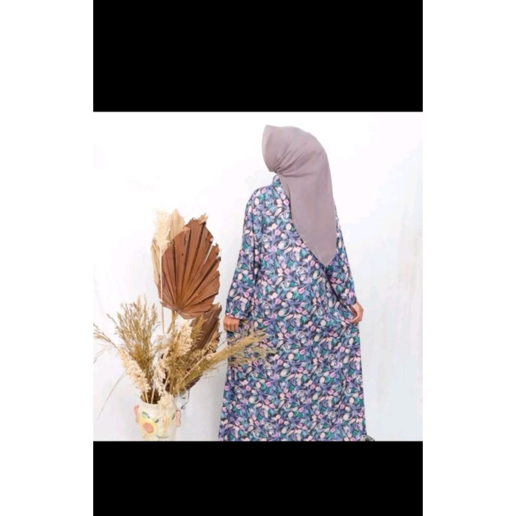 Gamis Motif Floral Navy Blossom Rayon Premium