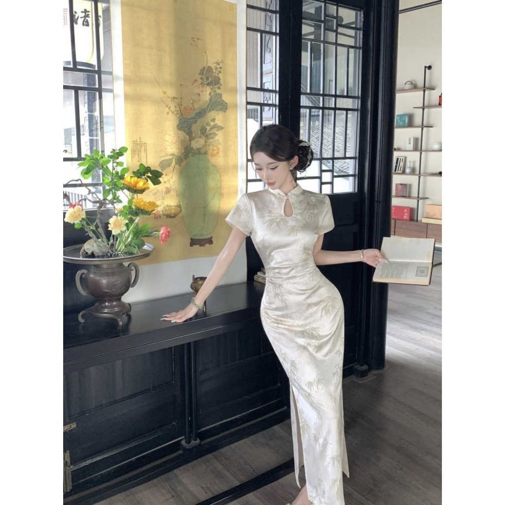 Setelan Gaun Wanita Qipao Dress Cheongsam Imlek Chinese Bodycon Long Dress Dengan Lengan Gaya Sexy E