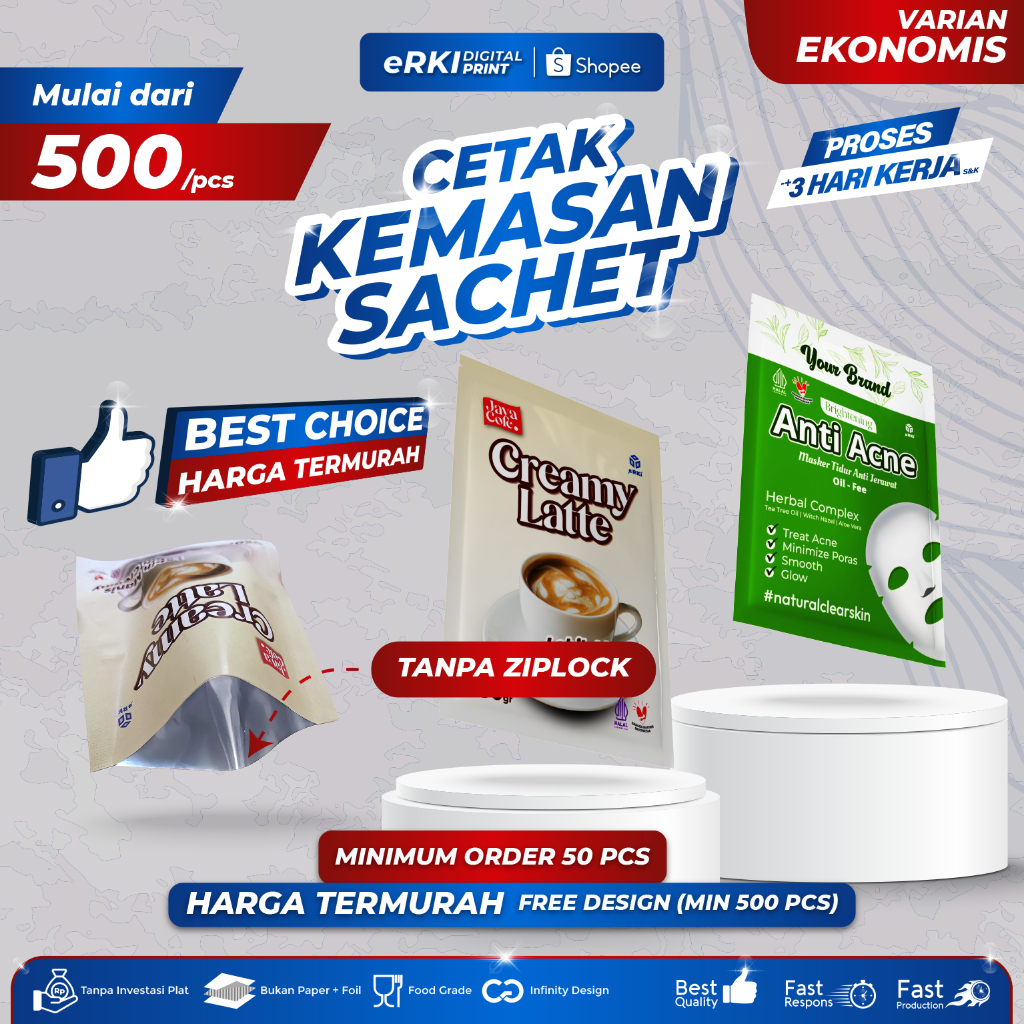KEMASAN SACHET CUSTOM/ TANPA ZIPLOCK/EKONOMIS - ERKI PRINTING