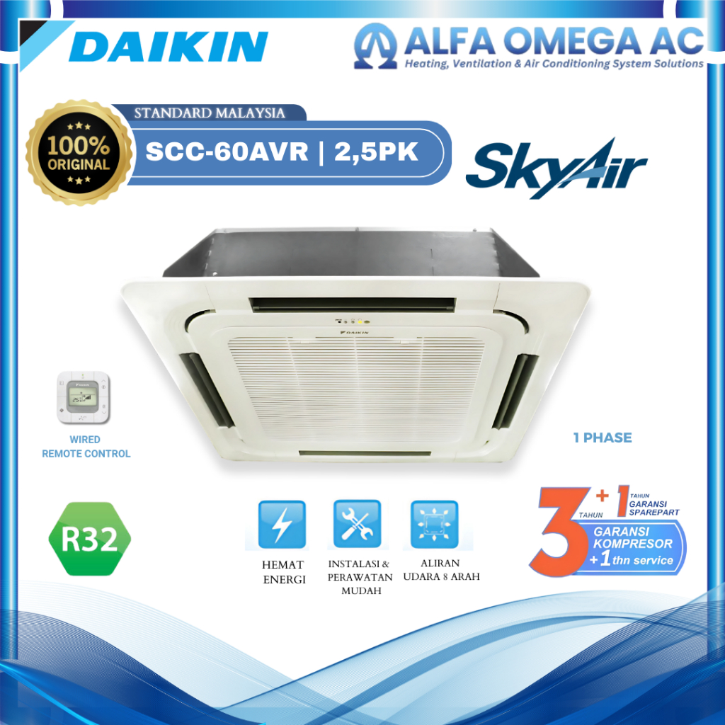 Spesifikasi Daikin AC Cassette Standard Malaysia 2 1/2 PK ( Remote Wired ) - FCC60AV14 | AC BSD |AC 