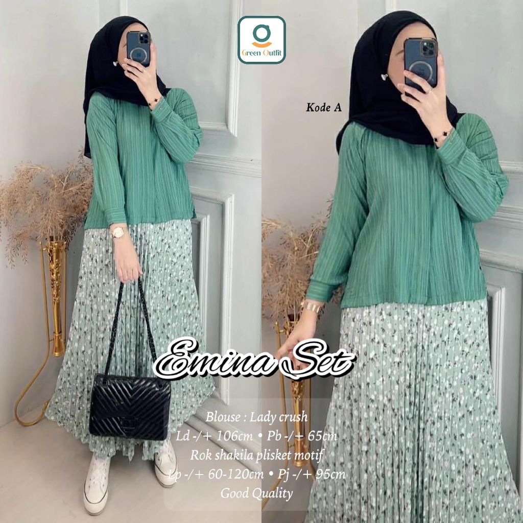 Baju Setelan Wanita Hijab – Emina Set Blouse Crush & Rok Plisket Premium