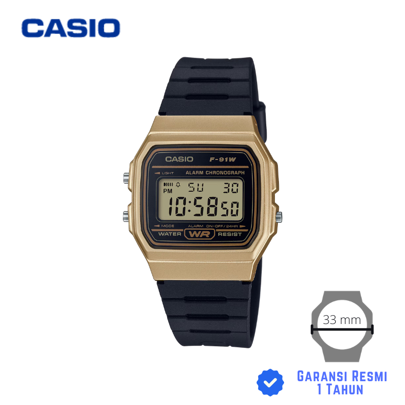 JAM TANGAN CASIO F-91WM-9A HITAM GOLD - F 91WM 9ADF Strap Karet