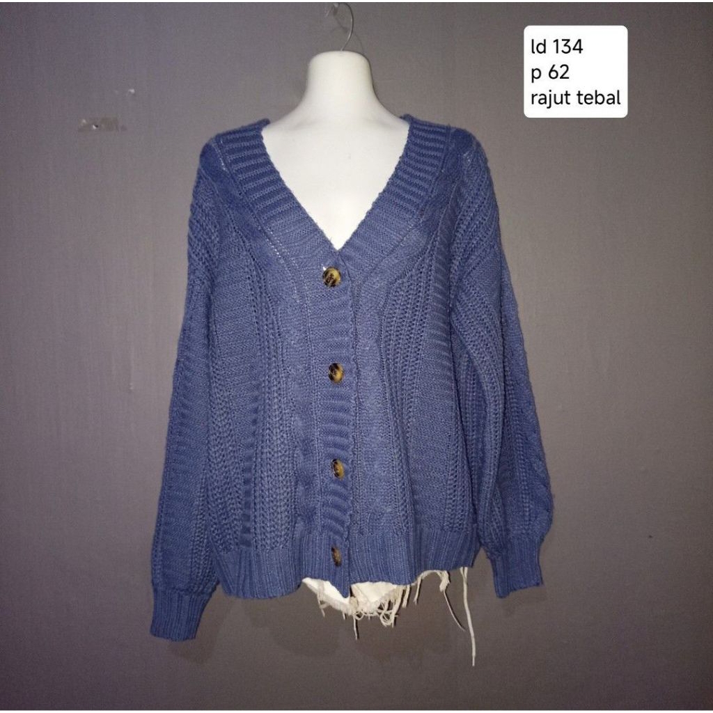 Cardigan Outer Rajut Kepang Tebal Oversize Biru Tua V Neck
