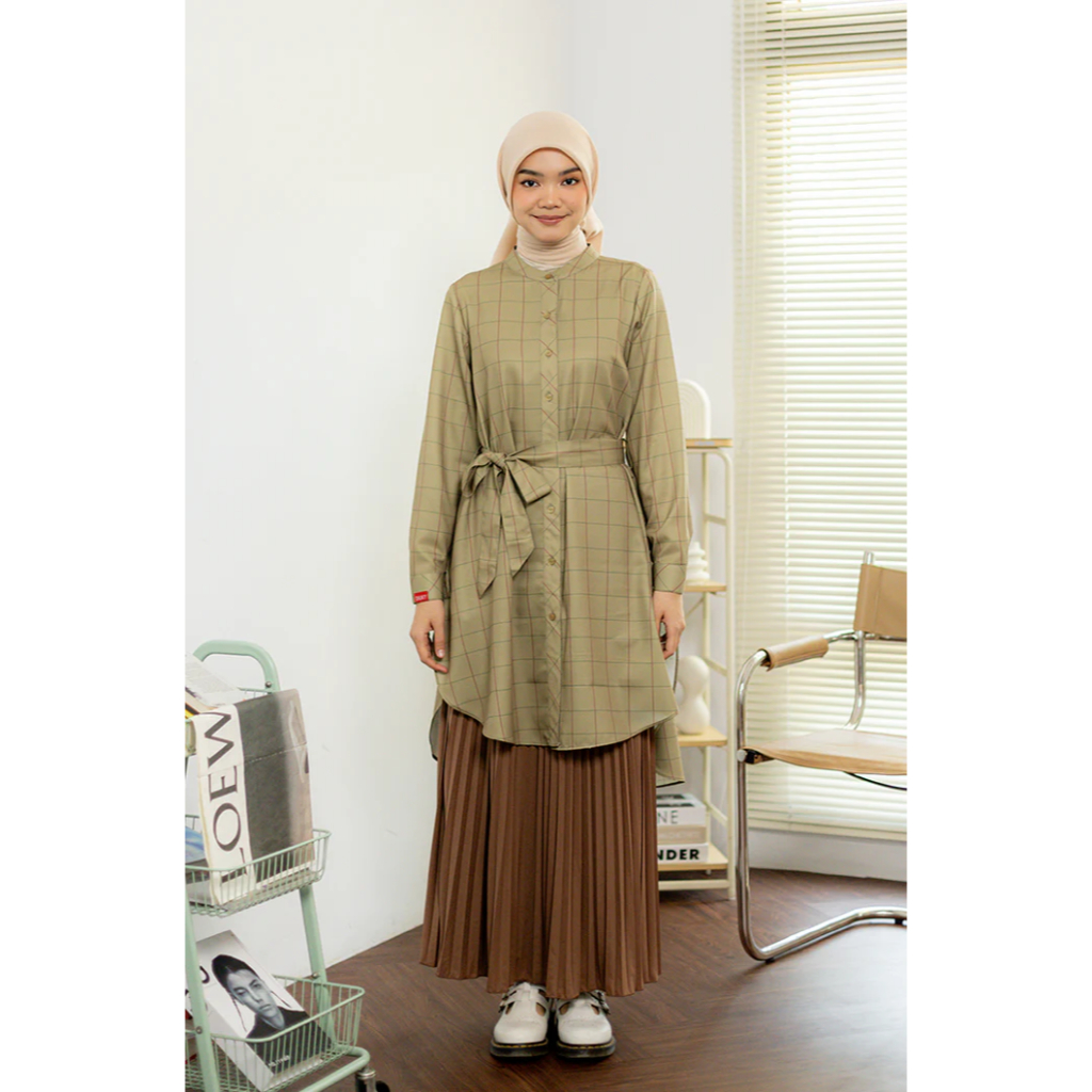 DAUKY L Tunic Plaid Rayon Olive - Fashion Muslim Atasan Tunic Motif Baju Long Tunik Midi Dress Bahan