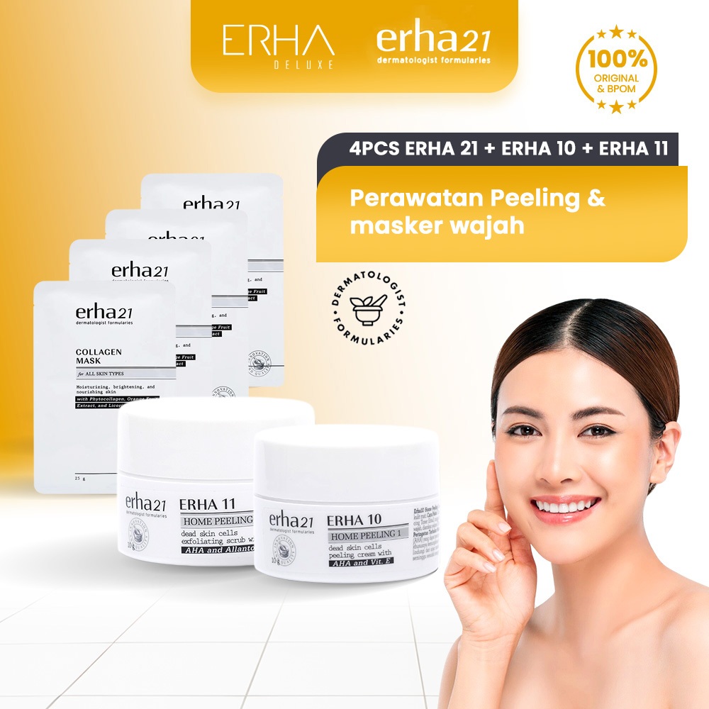 ERHA Krim Peeling Wajah ERHA 10 + ERHA 11 + Masker Wajah Kolagen 4 Pcs, Niacinamide BPOM