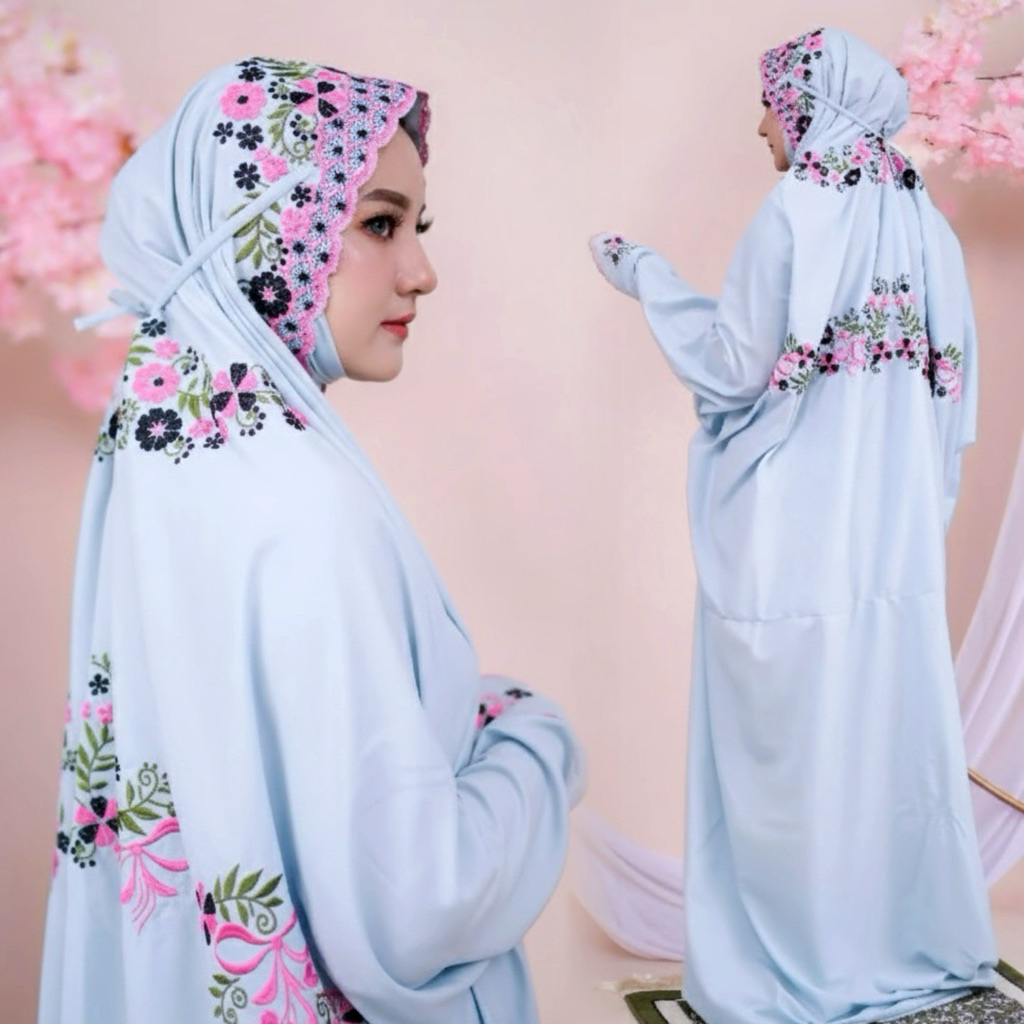 MUKENA TERUSAN SANTRI BORDIR BAHAN POLINO | TELEKUNG TERUSAN MOTOF BUNGA HITAM | MUKENAA SANTRI REMA