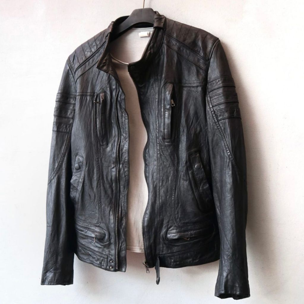 Jaket kulit asli size M domba biker slim kerah koko shanghai jaket motor rider cowok cewek genuine l