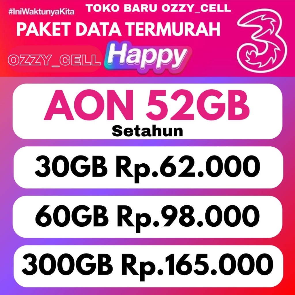 PROMO TERMURAH ISI ULANG KUOTA TRI AON AKTIF SETAHUN UNLIMITED 3 THREE VOUCHER PAKET DATA OZZY CELL