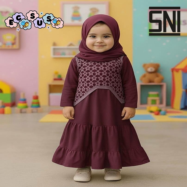 (EGSUS) Gamis Couple anak & ibu Rania bunga laser bahan knit jersey hijab segitiga instan Burgundy