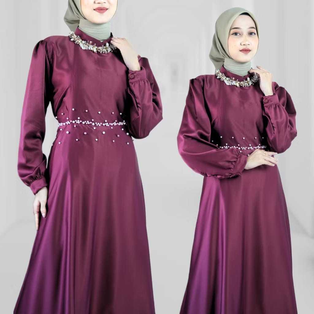 Brina dress satin premium maxi payet mutiara | gamis kondangan kekinian termurah | dress payet