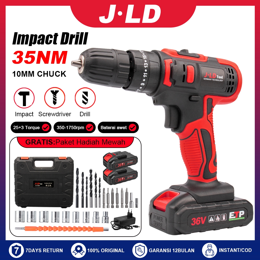 JLD 36vf Mesin Bor Baterai Tangan Cordless Drill impek baterai komplit 10mm bor beton/kayu/dinding/t