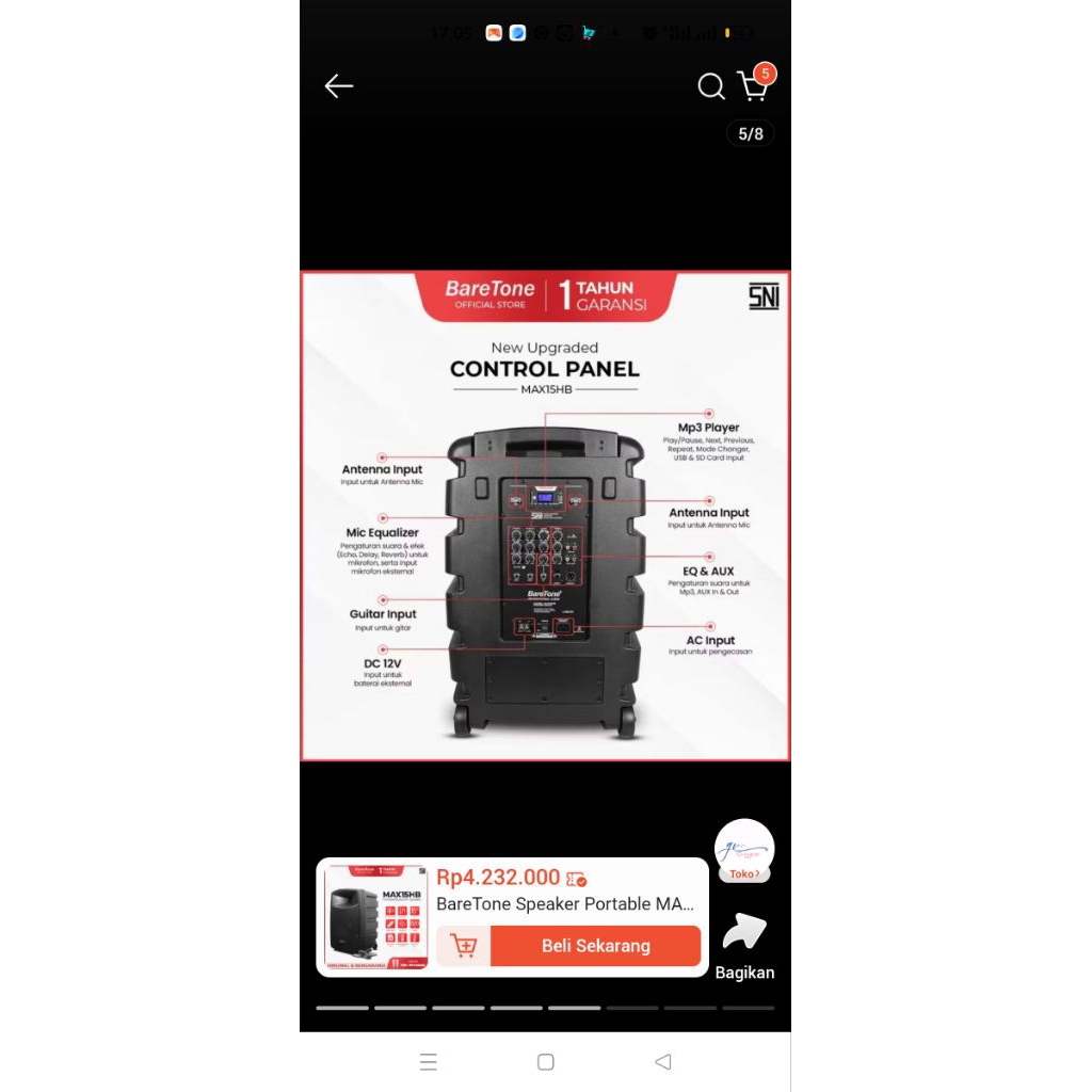 SpeakerPortableBaretoneMAX15HB600watt