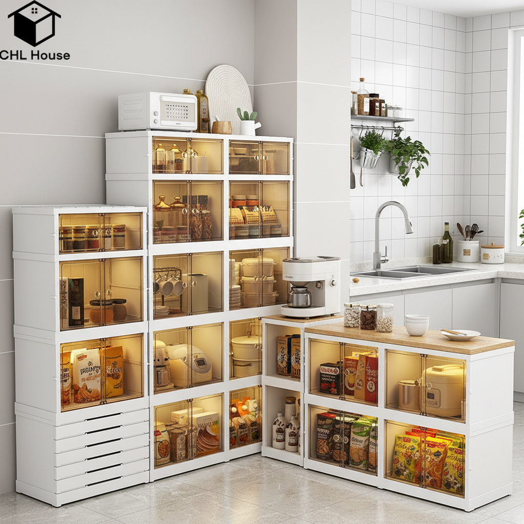 CHL House Lemari pakaian lipat plastik kotak penyimpanan lipat 2-4 susun Dengan pintu magnet lapis b