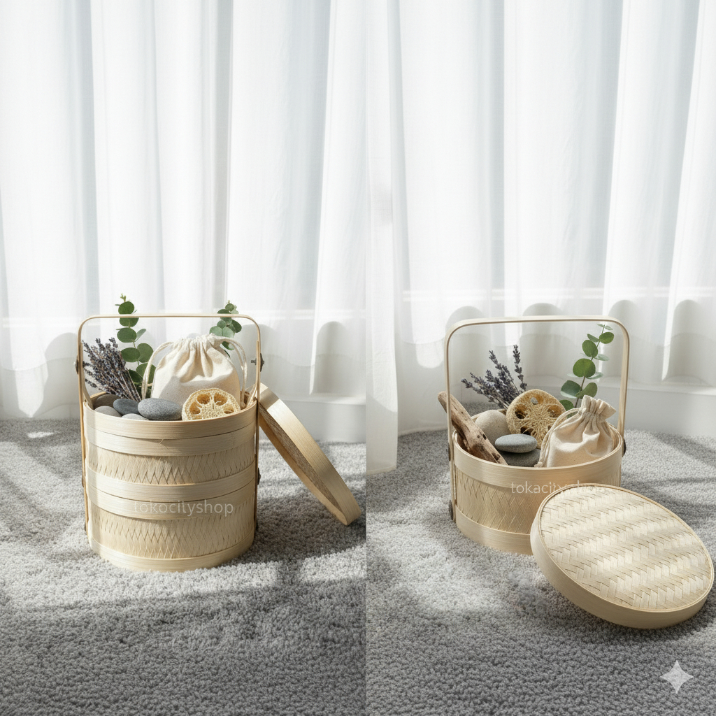 Besek Bambu Susun Bulat Tingkat 1/2 Diameter 25cm & 20cm Keranjang Sumpil Hampers Hantaran - Rantang