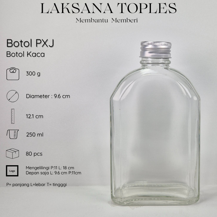 250ML Botol Kecil Gepeng Bulat Kaca Beling Bening Tutup Silver Stainless Aluminium Kedap Kuat Murah 