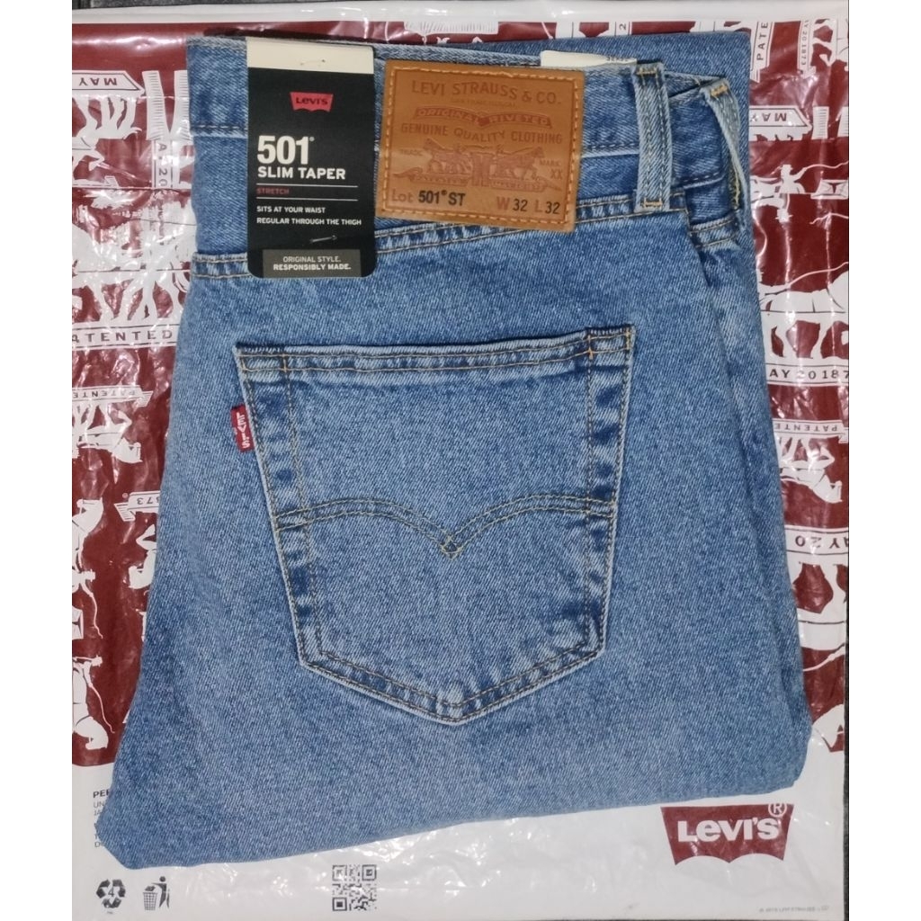 Celana Jeans 501 ST Original Slim Taper Stretch Size 32 / Denim Biru Melar