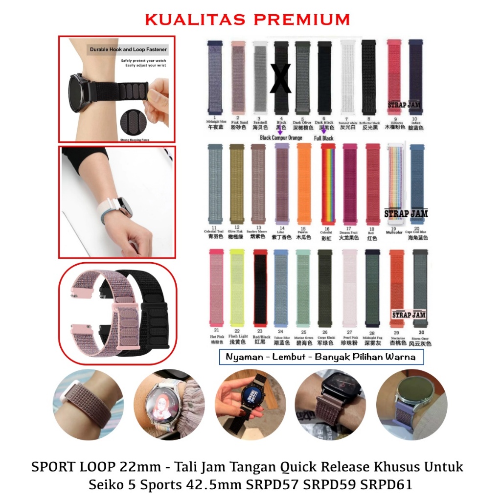 Sport Loop 22mm Strap Seiko 5 Sports 42.5mm SRPD57 SRPD59 SRPD61 - Tali Jam Tangan Nilon Velcro