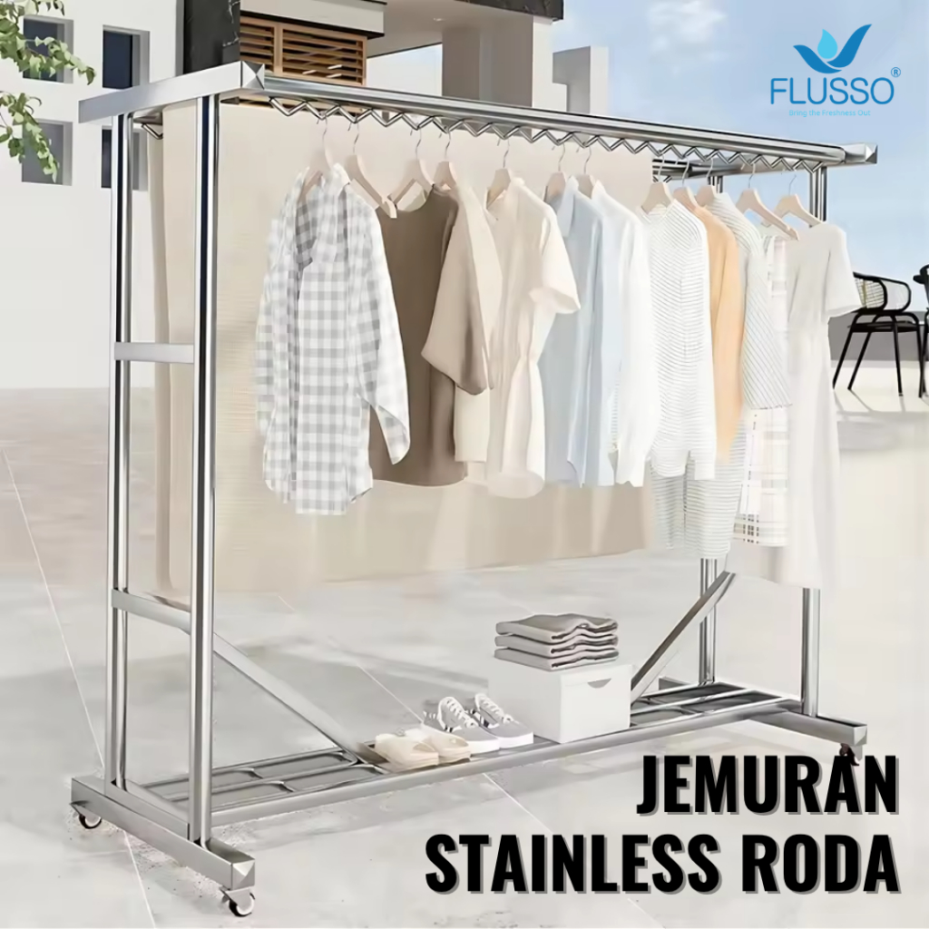 Jemuran Baju Besar Kokoh Stainless Jemuran Baju Tabung Baja Gantungan Baju Berdiri Stainless Roda