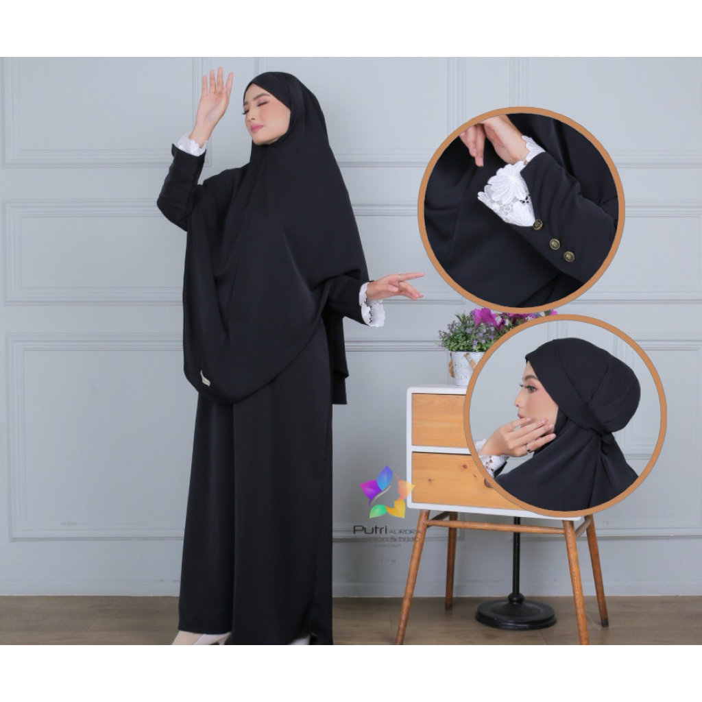 Abaya Hitam Jetblack Set khimar Syar'i  Mewah Elegant Gamis Lebaran Anti UV