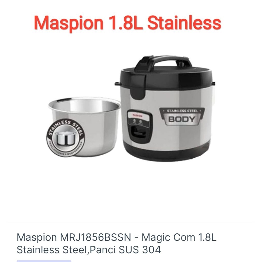Maspion MRJ1856 BSSN/ BRSN Rice Cooker Stainless Steel Kapasitas 1.8L