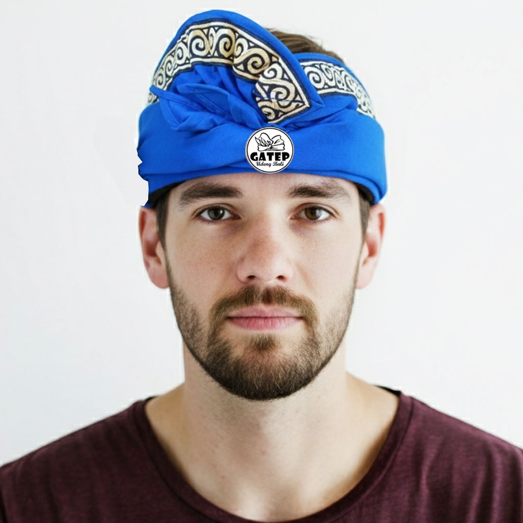 Udeng Bali Biru Polos Lis Songket Keong Setengah Jadi - Ikat Kepala Bali - Topi Bali - Blangkon Bali
