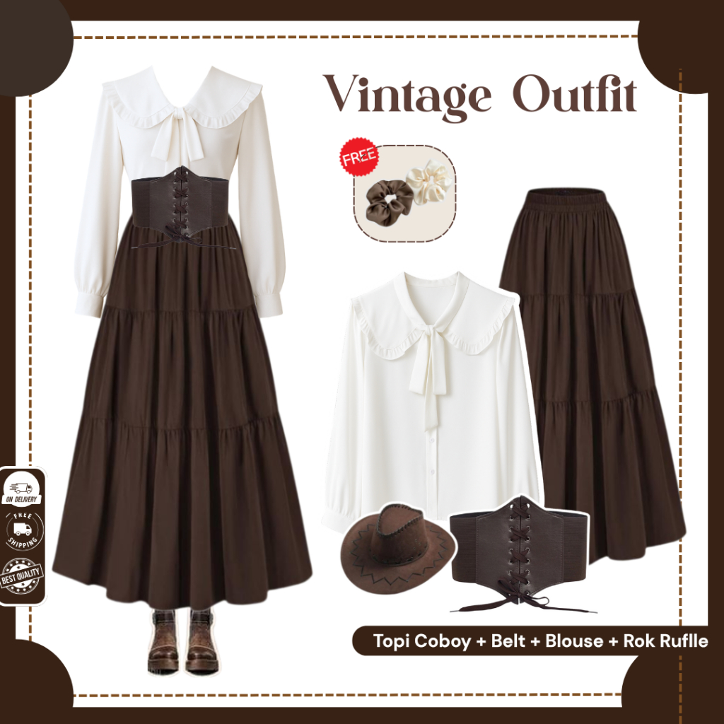 Lina Outfit Vintage Wanita ( Topi Coboy + Belt + Blouse + Rok Ruffle ) Outfit Yearbook Vintage - N49
