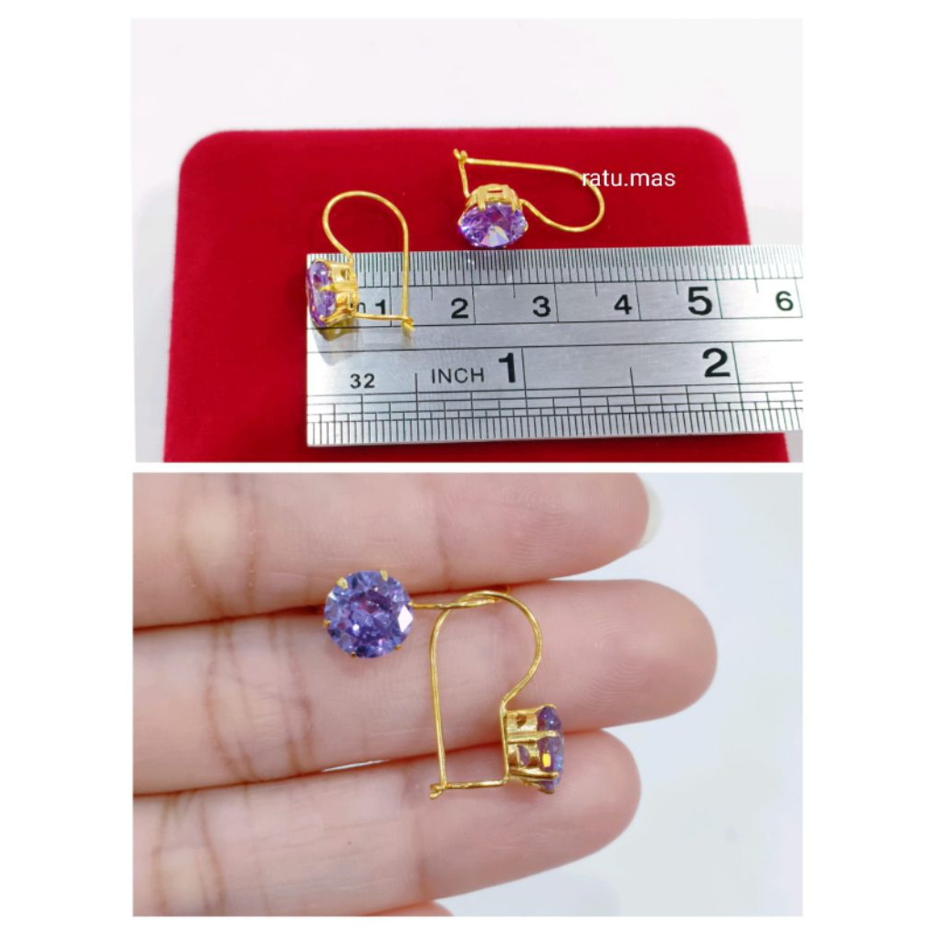 Anting Desi Dewasa Mata Ungu Perak Asli 925 Lapis Emas