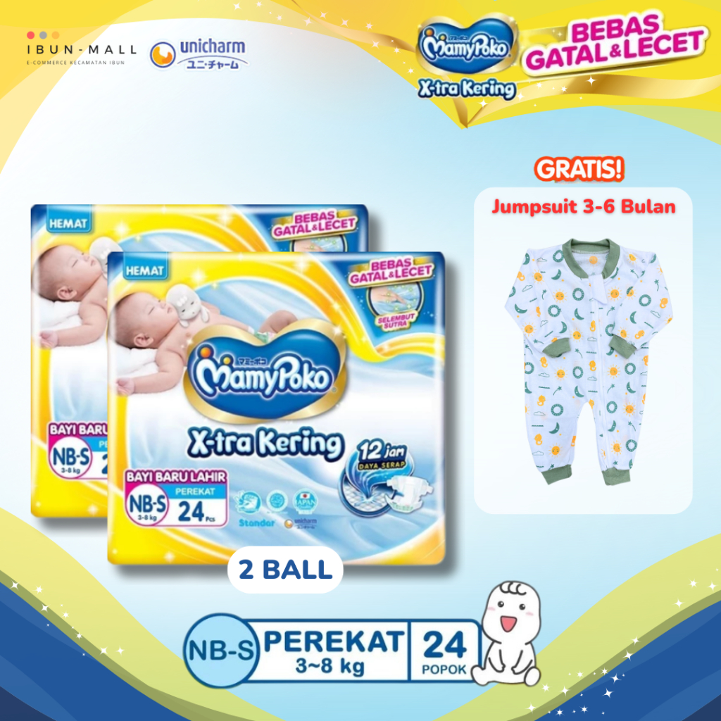 Guncang 12.12 (2ball Mamypokok Perekat Xtra Kering NB-S 24) Free Jumpsuit Bayi