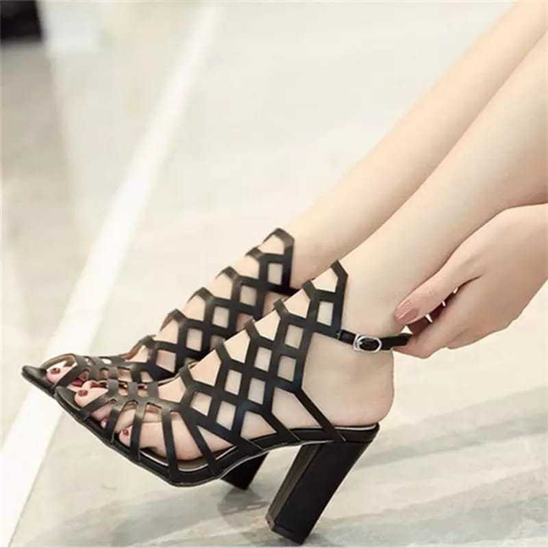RAYLINE - SANDAL SEPATU HEELS WANITA GLADIATOR SINTETIS HAK TAHU 7CM TALI LILIT ELEGAN MD 74
