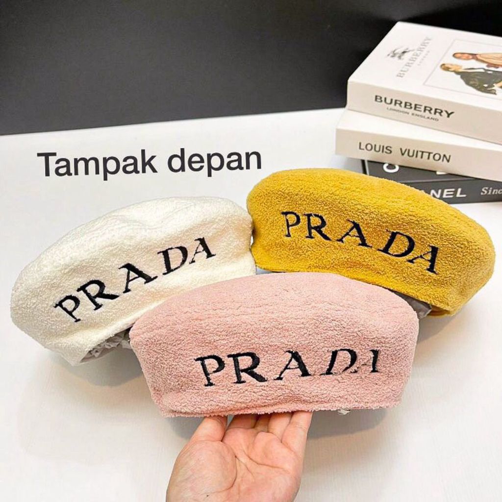 Topi Baret Prada Pink Wol Bludru Fashion Pelukis Wanita Import Premium
