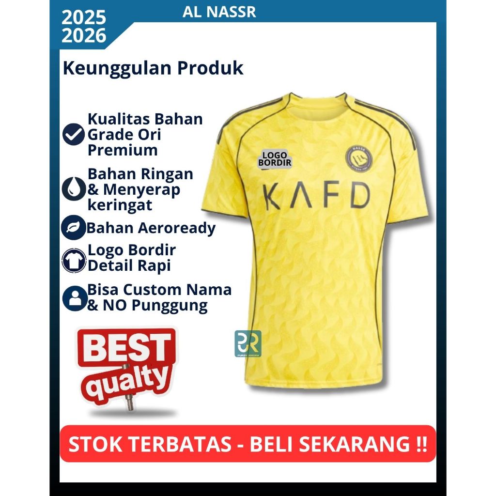 Jersey Al Nassrr Home 2025 2026 Baju Sepak Bola Ronaldo Grade Ori Pria