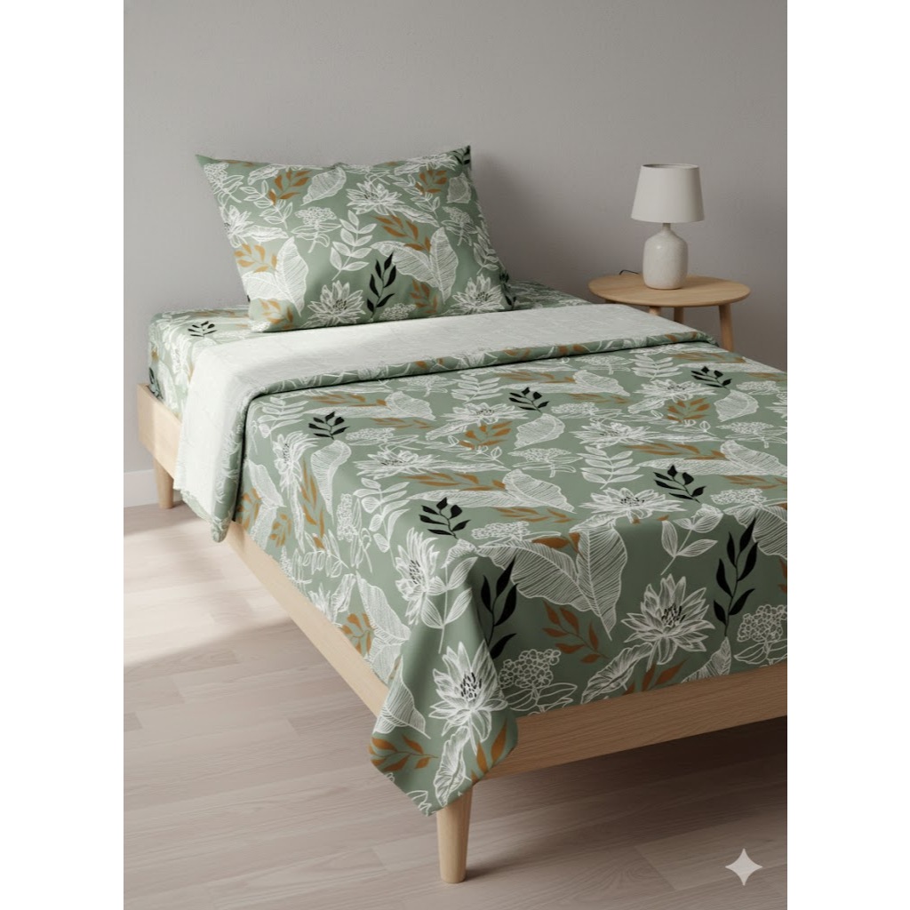 Sprei Rimbun Hijau - Sprei Single 90x200x15 Motif Daun Hijau Aesthetic Adem Nyaman Katun Premium