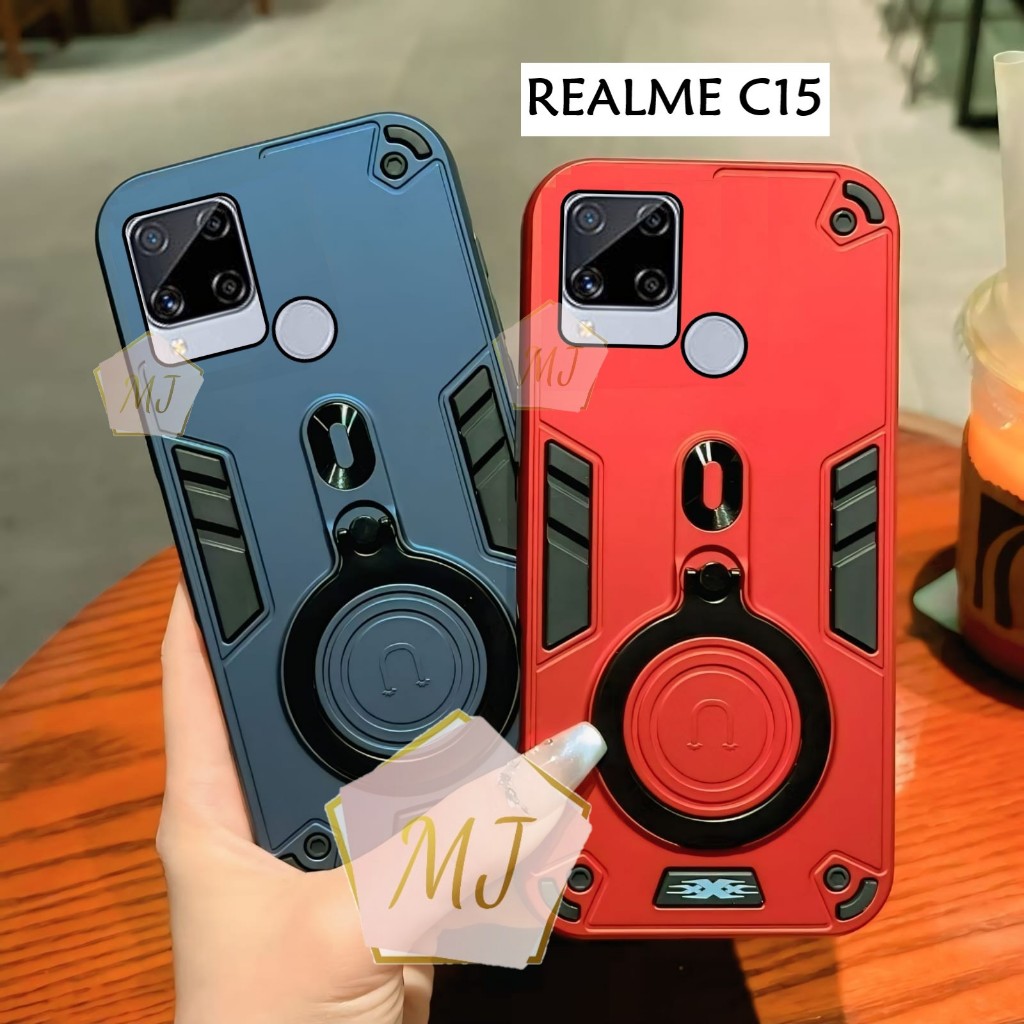 Casing Hp Realme C15 Case Robot Fiber Ring 360 Ring Case Pro Camera Cover Handphone