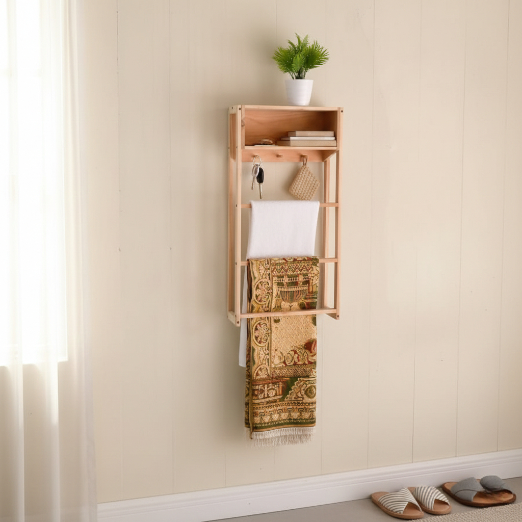Rak Dinding Rak Buku Kayu Serbaguna Rak Sajadah Mukena Rak Handuk Kayu Minimalis