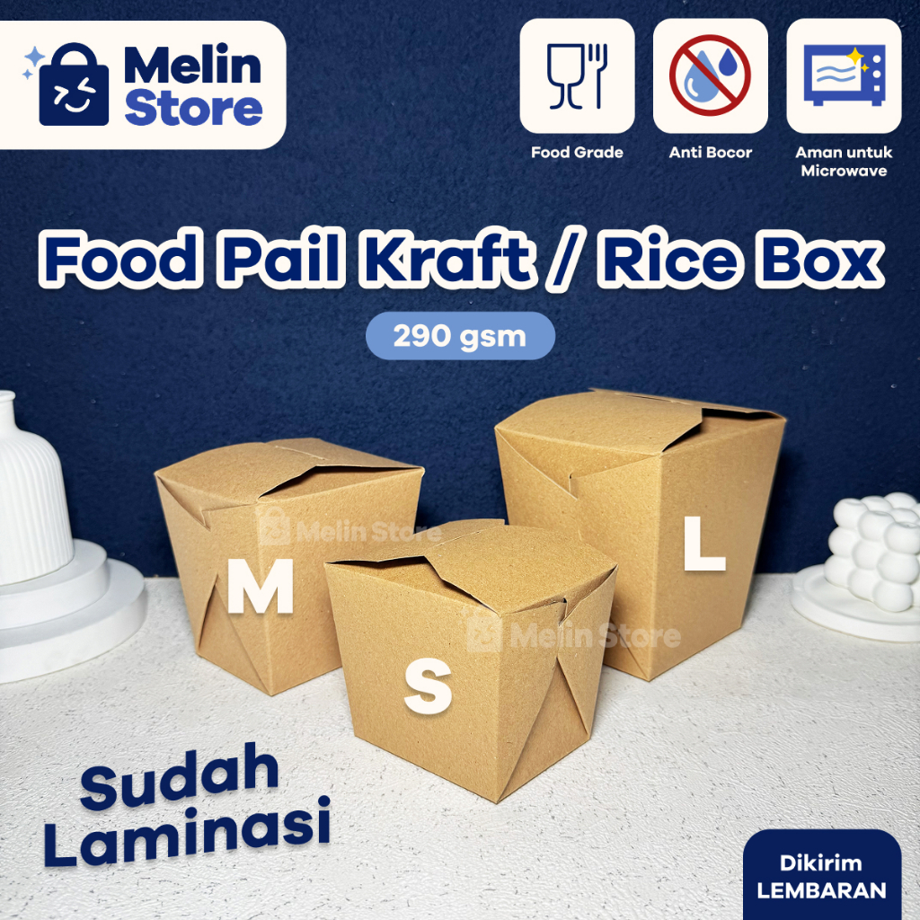 [LEMBARAN] Food Pail Kraft 290 gsm S/M/L - Rice Box Takeaway - Laminasi Anti Bocor Food Grade
