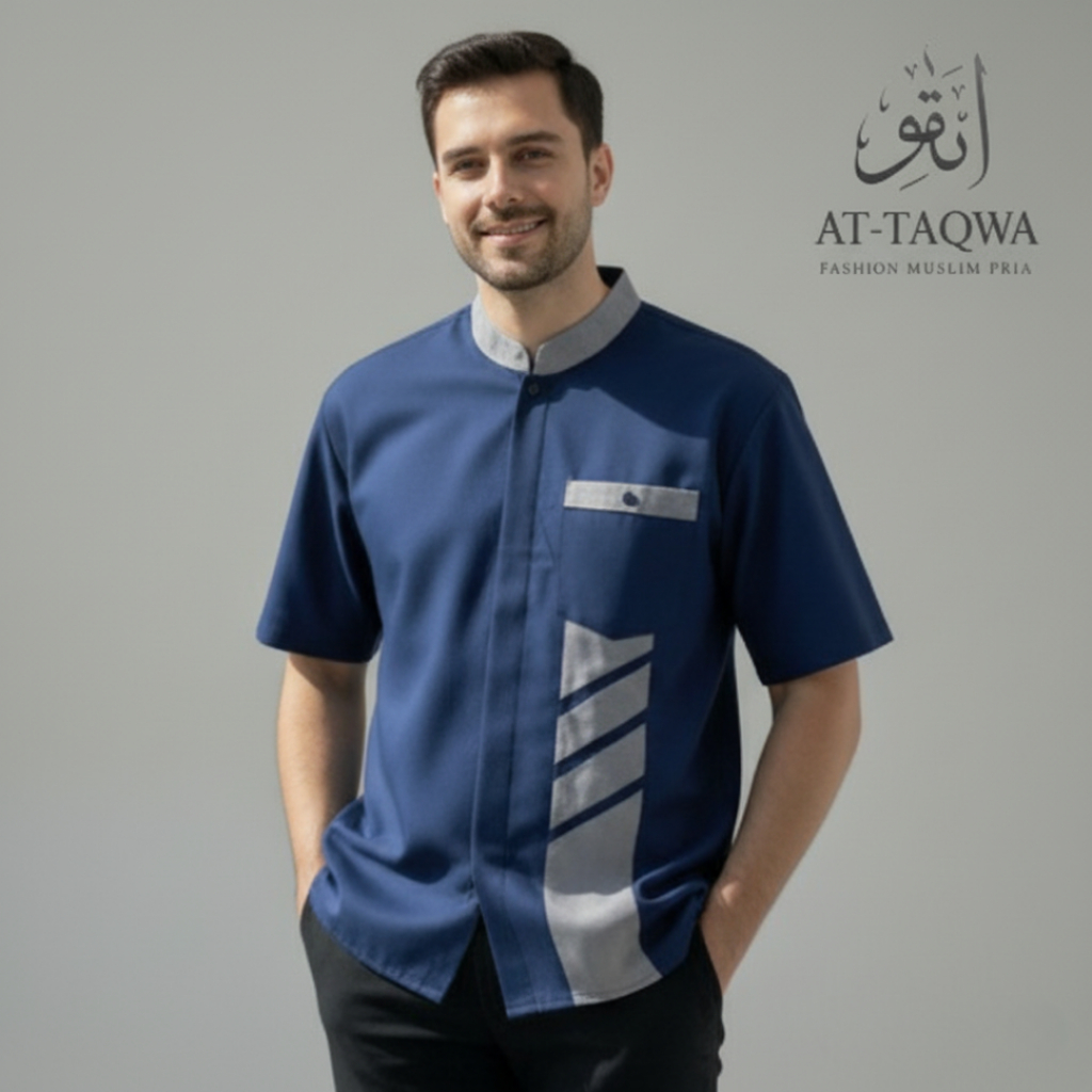 Baju Koko Kemeja Pria Lengan Pendek Modern - Kerah Shanghai Warna Navy | Olive | Hijau Botol