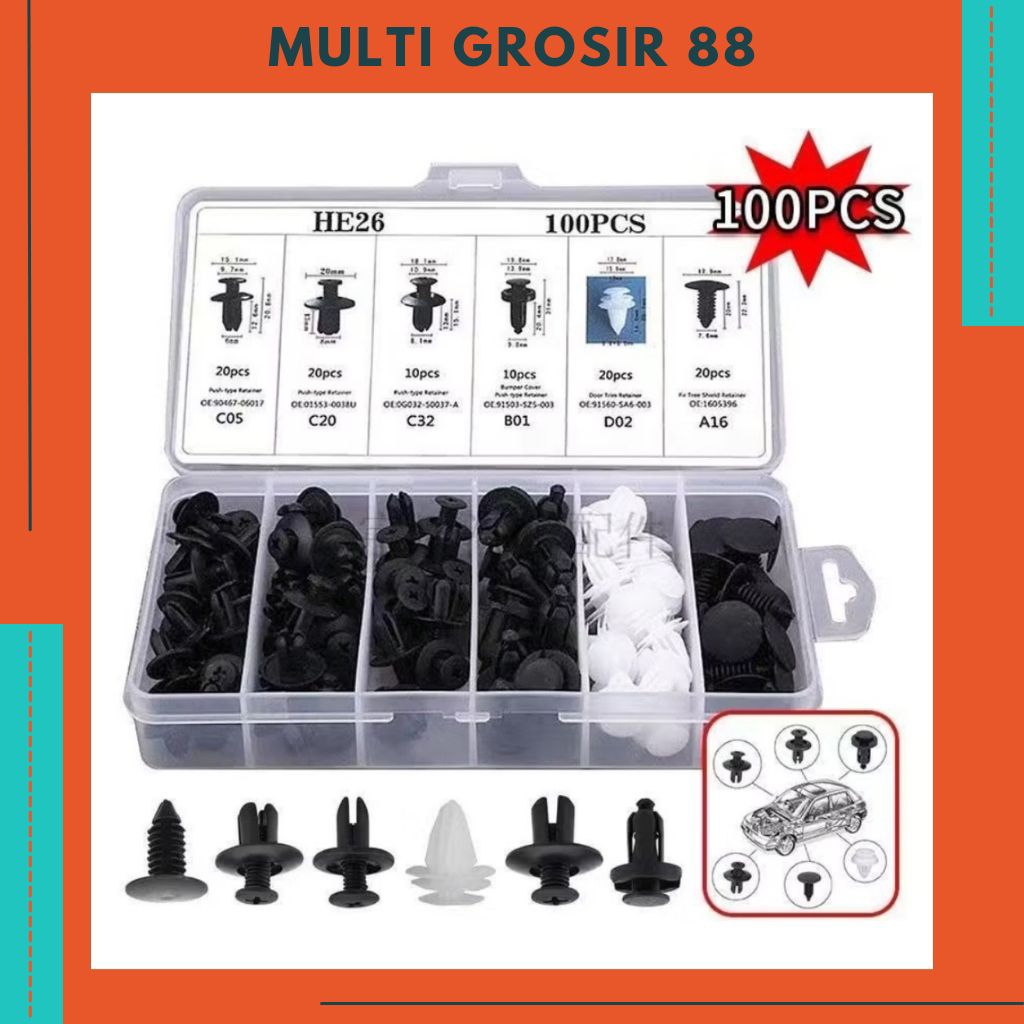 MG88 Box 100 Pcs Klip Bodi Baut Rivet Universal Klip Bumper Kancing Body Plastik Mobil Motor Serbagu