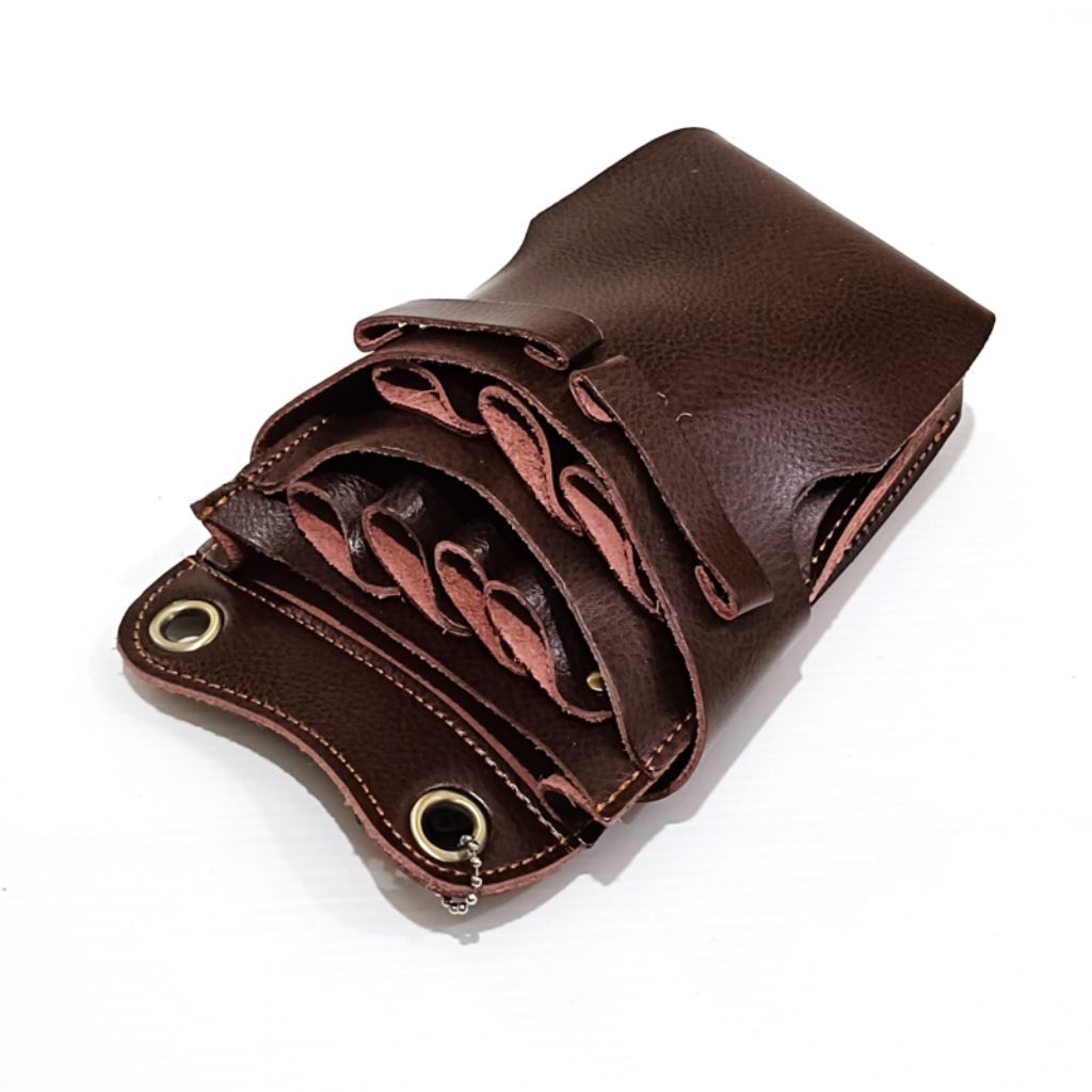 Tas Gunting Kulit Asli Dark Brown 7 Slot Alat Salon Barbershop