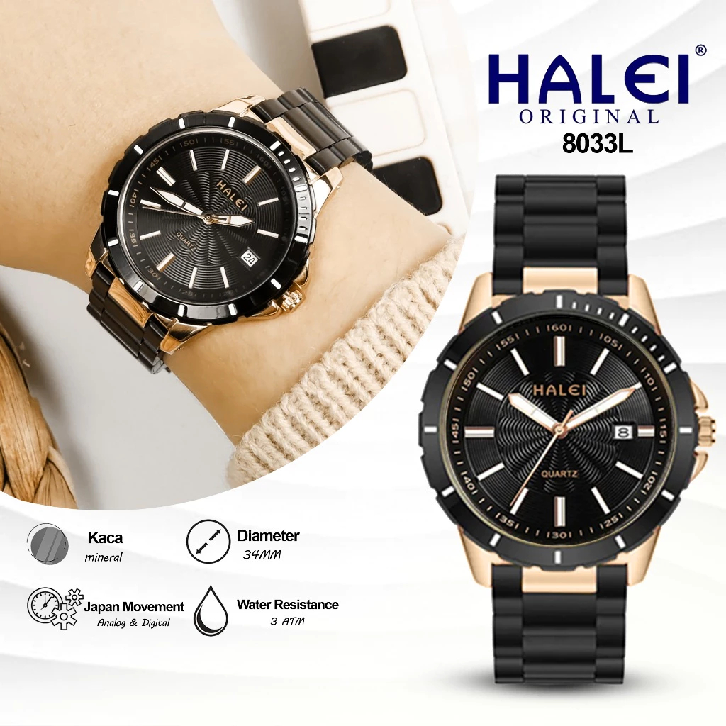 Jam Tangan Halei 8033L Original Wanita Analog Jarum Rantai Stainless Steel Cewek 8033 Fashion Japan