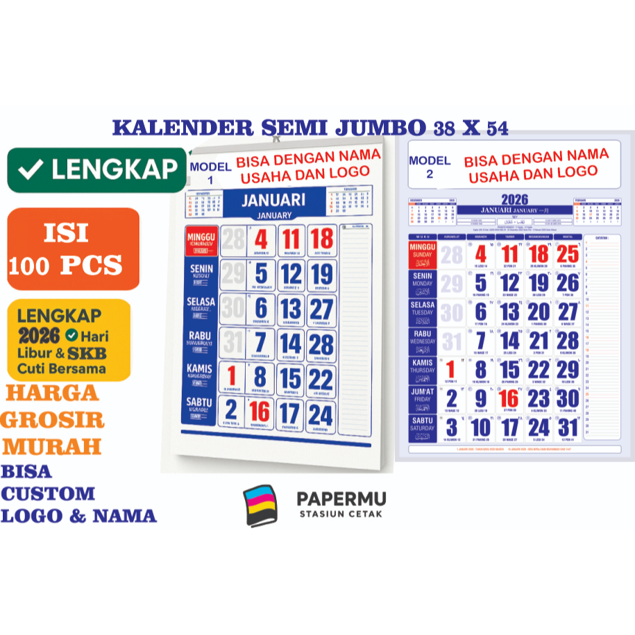 Kalender Dinding Lengkap 2026 dapat 100 Pcs – Cetak Kalender Murah Custom Desain Logo