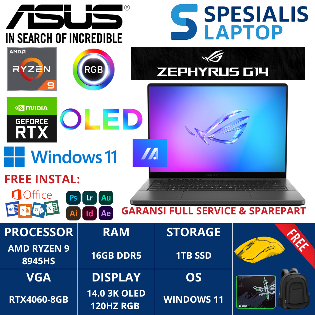 Asus ROG Zephyrus G14 GA403UV AMD Ryzen 9 8945HS 16GB DDR5 2TB RTX4060-8GB 3K OLED 120HZ Windows 11