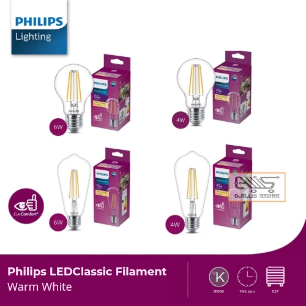 Lampu Philips Led Classic Filament Led Eye Comfort Warm White Kuning